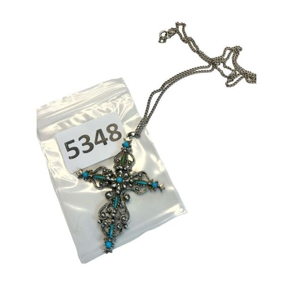 Signed Roma Cross Pendant Necklace Petit Point Faux Turquoise Christian Vintage - Picture 10 of 10